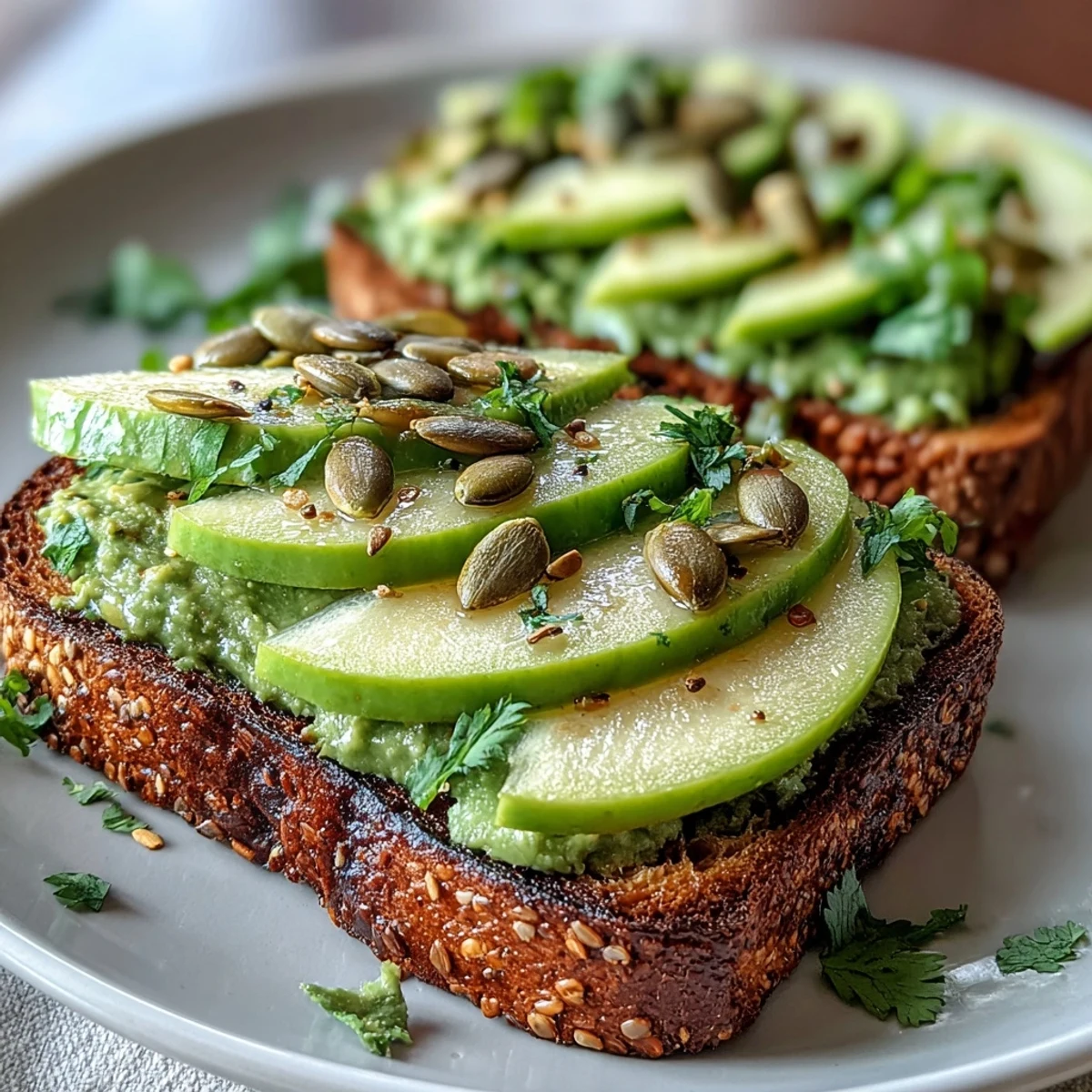 Avocado and green apple breakfast toast with pumpkin seeds, drizzled with lemon and olive oil for a fresh start.  