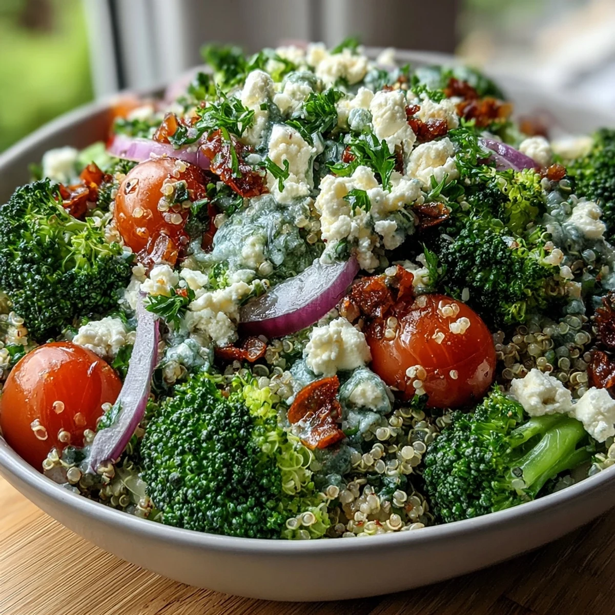 A colorful grain bowl with quinoa, broccoli, peas, and feta, drizzled with lemon-Dijon dressing for a fresh, satisfying meal.  