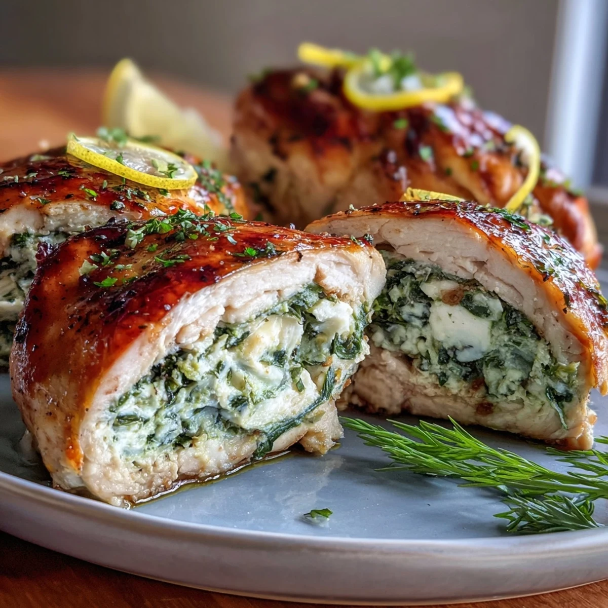 Tender chicken breasts filled with spinach, feta, and herbs, served whole or sliced for an elegant dinner centerpiece.  
