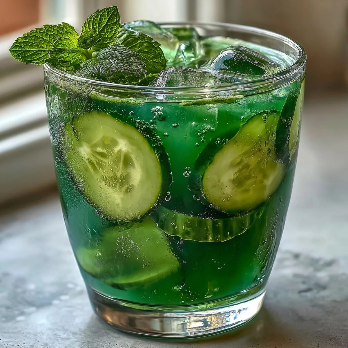 Refreshing cucumber, apple, and ginger detox juice in a glass, vibrant and ready to energize your morning.  