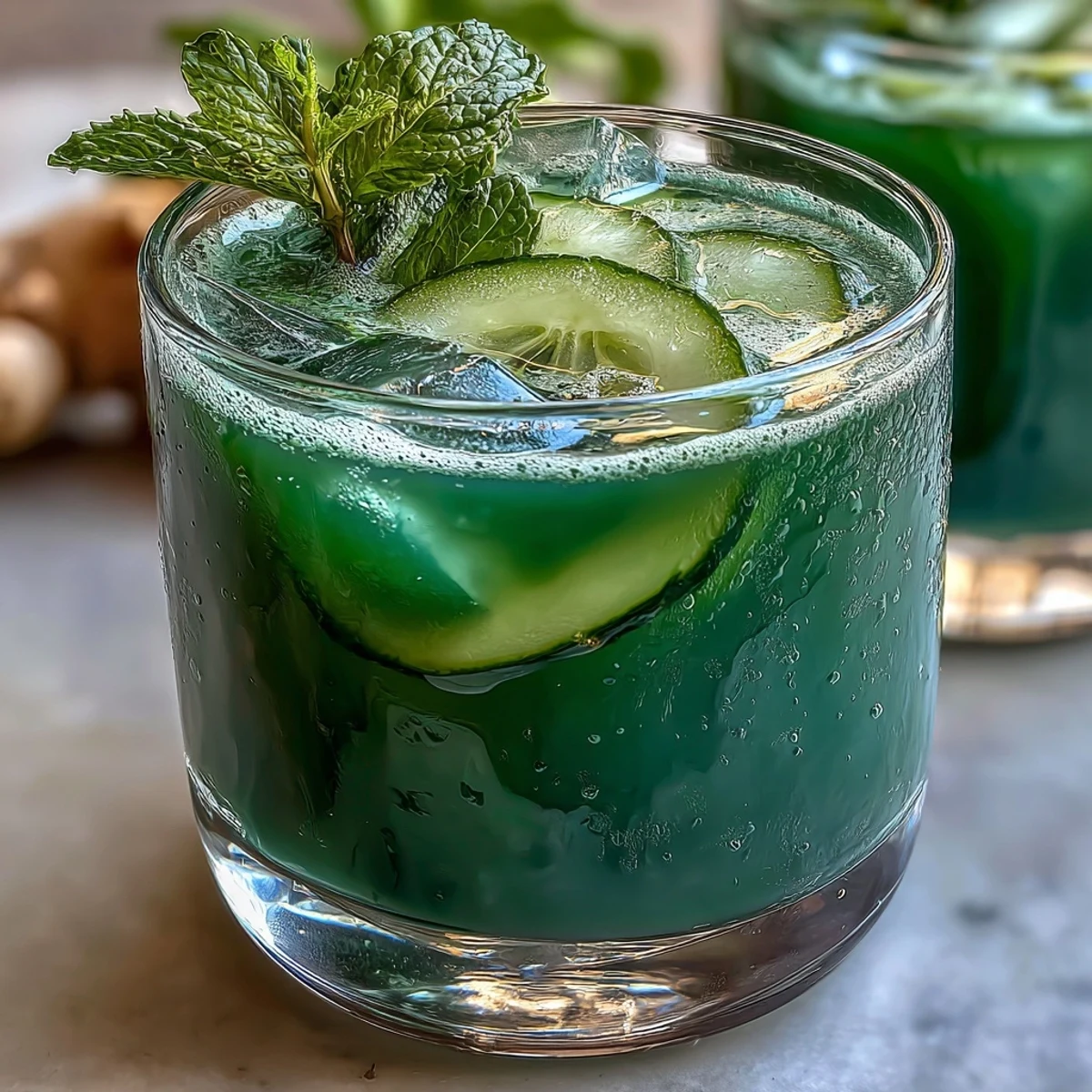 Bright green detox juice with cucumber, apple, and ginger, served over ice with fresh mint garnish.  