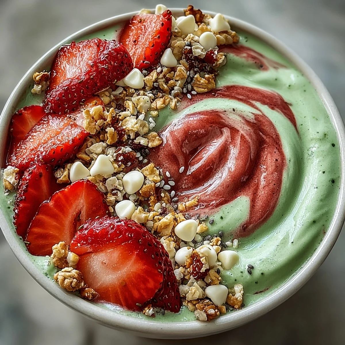 Refreshing strawberry matcha frappuccino-inspired bowl layered with creamy yogurt and garnished with fresh fruit and crunchy toppings.