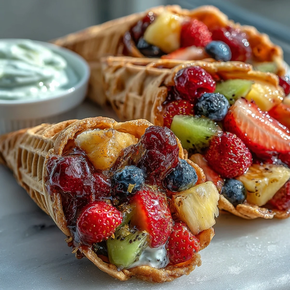 Fresh summer fruit cones with creamy yogurt dip, featuring strawberries, blueberries, and mango in crisp waffle cones.