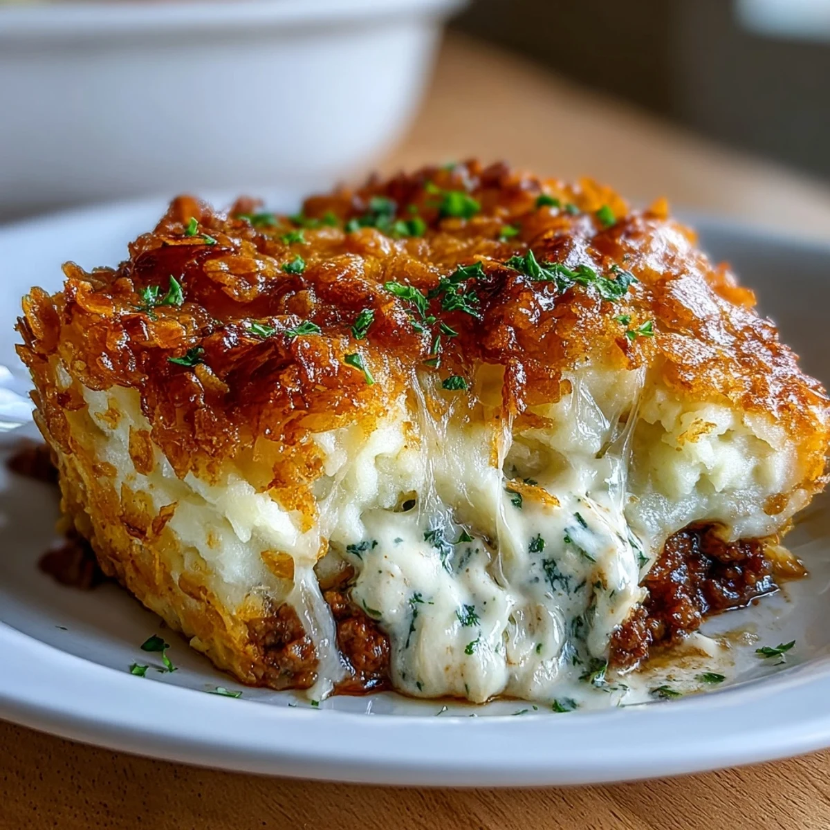 Creamy mashed potatoes layered over ground beef and vegetables, topped with crunchy cornflakes and melted cheddar in this comforting casserole.
