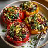 Close-up of vibrant Mediterranean Spinach & Feta Stuffed Peppers, fresh herbs, ready to serve.