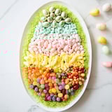 Close-up of a colorful Egg-Shaped Candy Platter filled with assorted sweets and candies, ready to enjoy.