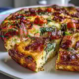 Golden ham and Swiss cheese frittata baked in a skillet, loaded with tender vegetables.  