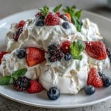 A classic pavlova with a marshmallowy center, crowned with luscious cream and a colorful berry medley.  