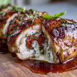Baked caprese stuffed chicken breast topped with balsamic glaze, served with fresh basil and vibrant summer vegetables.  