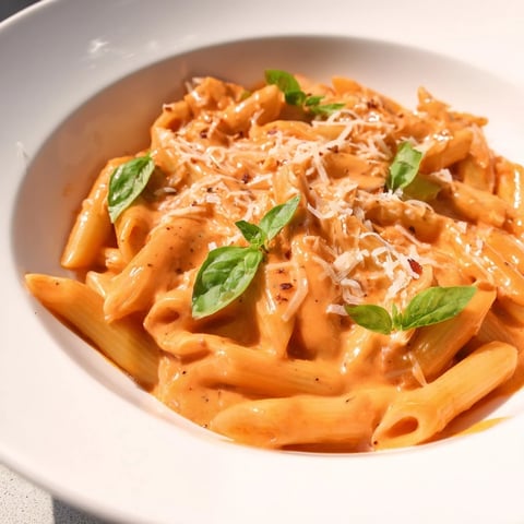 Steaming bowl of 15-Minute Creamy Red Pepper Pasta, topped with fresh basil, ready to enjoy.