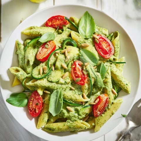 Creamy Vegan Green Goddess Pasta with blended spinach, ready with a vibrant, herbed sauce and optional toppings.
