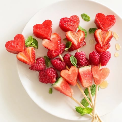 Fresh and vibrant red heart fruit skewers, a sweet and healthy vegan dessert for any occasion.