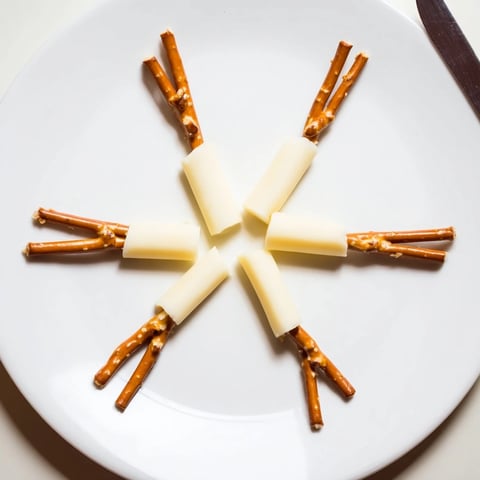 Creamy, white string cheese snack with crunchy pretzel rods, easy for kids to enjoy and make.