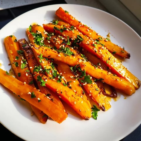 Golden glazed Maple Mustard Roasted Carrots, tender and slightly caramelized, ready to serve as a side.