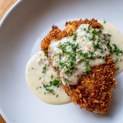 Golden-brown, crispy chicken with garlic cream sauce, a comforting American dinner dish.