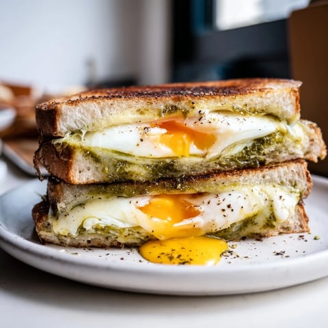 Golden-brown pesto egg grilled cheese with melted cheese, a savory, satisfying American sandwich.