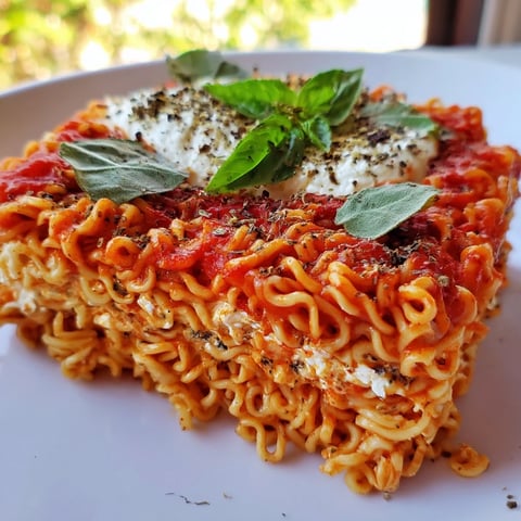Bubbling Ramen Lasagna with melted mozzarella and Parmesan cheese, ready for your dinner table.