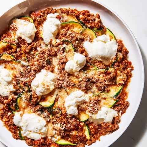 A bubbling skillet of Zucchini Lasagna, loaded with cheese and tender zucchini ribbons.