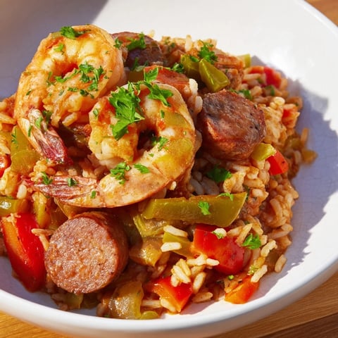 A steaming skillet of Jambalaya, showcasing shrimp, sausage, and colorful bell peppers in a rich sauce.