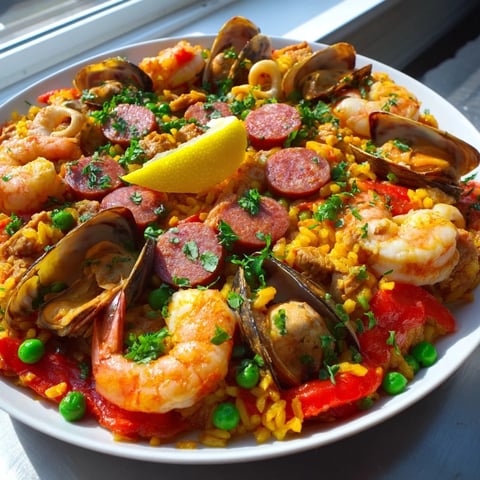 Golden saffron-infused Paella Spanish rice with shrimp, mussels, and vibrant bell peppers, ready to serve.