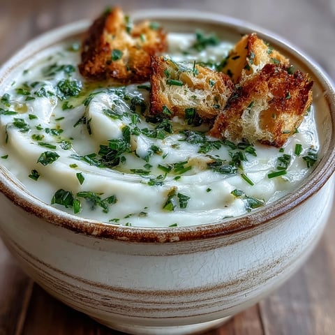 Smooth and creamy Garlic and Herb Soup served hot in a rustic white bowl, garnished with fresh parsley and chives.