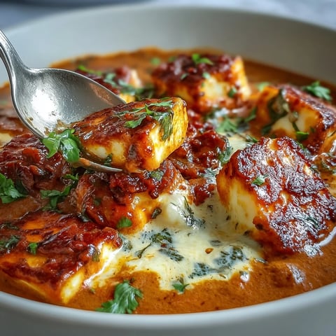 Creamy Halloumi and Tomato Curry in a white bowl, golden halloumi cubes in a rich tomato-coconut sauce, garnished with cilantro.