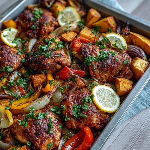 Juicy piri-piri chicken thighs roasted alongside sweet potatoes, red onions, and colorful bell peppers in a vibrant traybake.