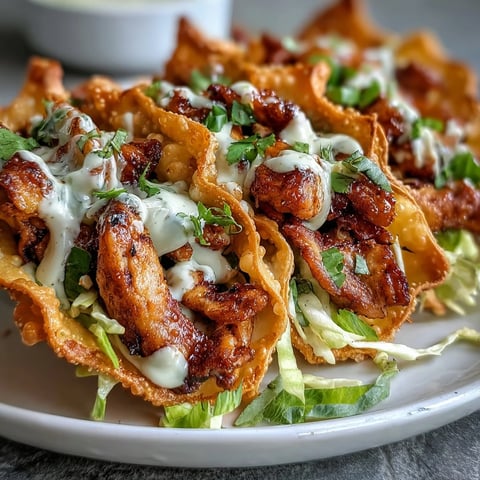 Golden-brown crispy wonton shells filled with ginger-spiced chicken, colorful slaw, and drizzled with creamy sriracha mayo for a flavorful dinner.