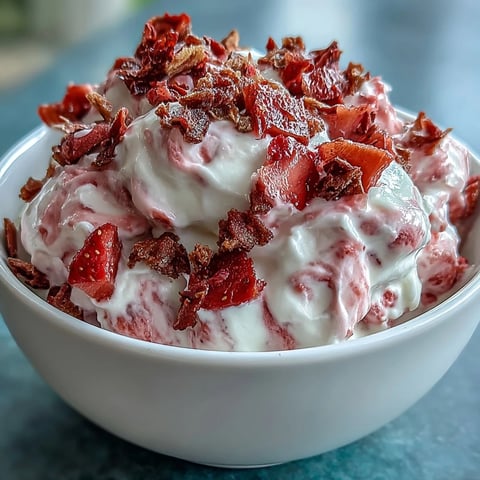 Frozen Strawberry & Banana Yoghurt Clusters on a baking sheet with a creamy swirl and crunchy fruit pieces.