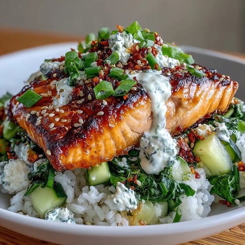 A vibrant Bang Bang Salmon Bowl with flaky salmon, cucumber-edamame salsa, and drizzled spicy sauce over rice.