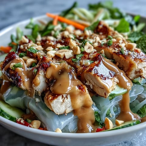 A deconstructed Rice Paper Roll Bowl showcases silky rice paper shards piled over crisp veggies and grilled chicken.