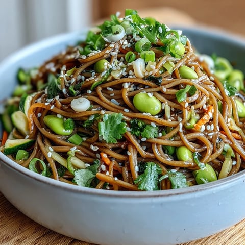 Steaming Soba Noodle Bowl with chewy buckwheat noodles, crisp julienned carrots, cucumber, and edamame topped with sesame seeds.