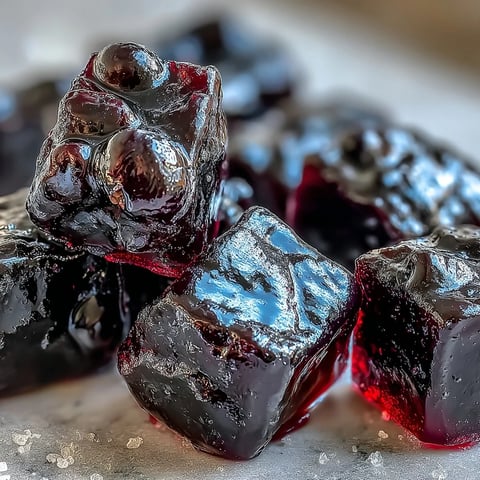 Homemade Black Currant Gummies dusted with sugar in a clear bowl.