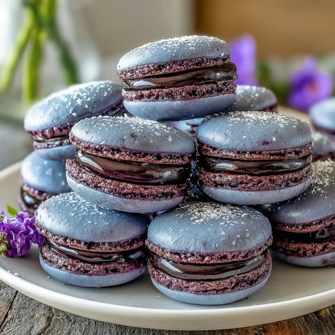 Two vibrant purple Black Currant Macarons rest on a white ceramic plate, showcasing delicate shells and a rich, tangy ganache filling.