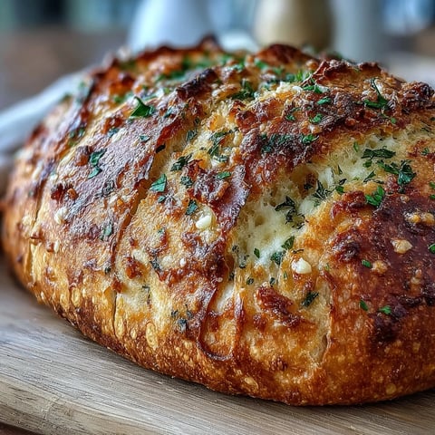 A rustic golden Perfect Parmesan Garlic Artisan Bread loaf with a melted cheese topping, sliced to reveal its airy, garlicky crumb.