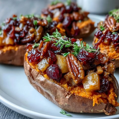 Golden-brown Cranberry Apple Twice Baked Sweet Potatoes topped with toasted pecans and fresh thyme.