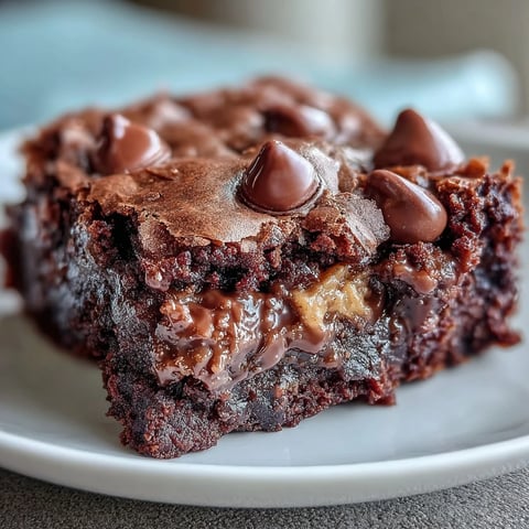 Freshly baked Rich Peanut Butter Cup Dump Cake with melted peanut butter and chocolate layers, gooey peanut butter cups and chocolate chips on top.