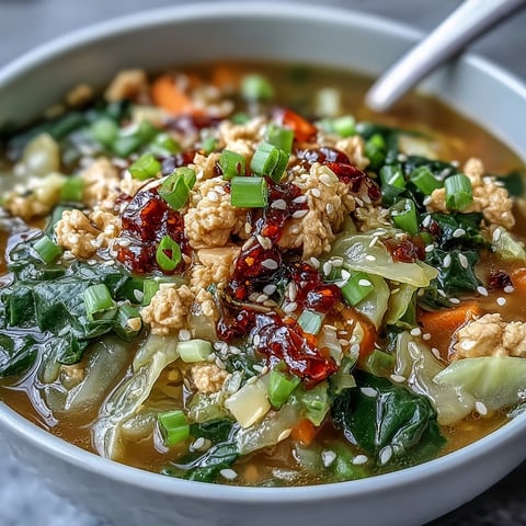Steaming Egg Roll Soup with Chicken & Cabbage in a rustic bowl, topped with vibrant green onions and a spoonful of spicy chili crisp.
