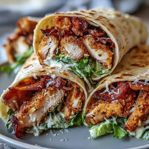 Golden-brown Crispy Chicken Bacon Caesar Wraps are filled with creamy dressing and fresh romaine on a wooden board.