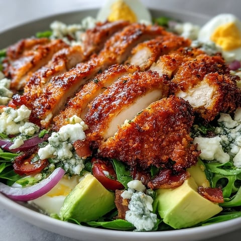 Freshly baked Parmesan Crusted Chicken Cobb Salad with crispy chicken, avocado, bacon, and blue cheese on greens.