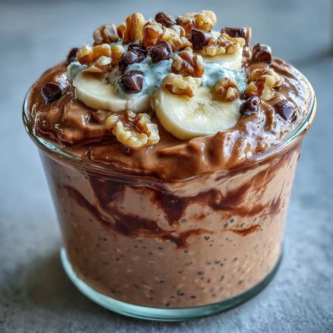 Thick and creamy Chunky Monkey Protein Overnight Oats layered with banana slices and peanut butter drizzle for breakfast.