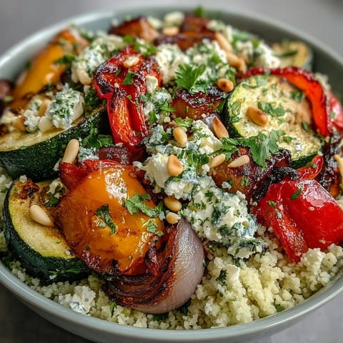 Golden roasted vegetables, fluffy couscous, and bubbling feta cheese fill a baking dish for a savory Mediterranean side.