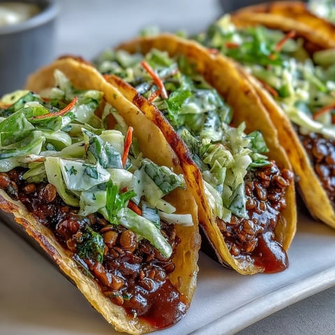 Warm corn tortillas filled with smoky Vegan BBQ Lentil Tacos and topped with crunchy cabbage slaw and fresh cilantro.