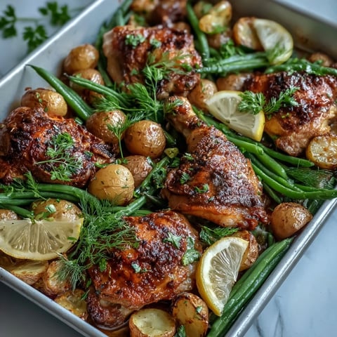 Golden-brown chicken breasts, roasted baby potatoes, and bright green beans with lemon zest on a parchment-lined sheet pan. 