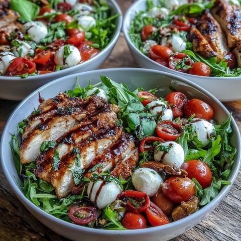 Grilled Chicken Caprese Bowls with Balsamic Reduction served over quinoa with fresh mozzarella and ripe cherry tomatoes.