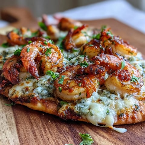A close-up of four golden Garlic Butter Shrimp Naan Pizzas fresh from the broiler, showcasing bubbly mozzarella and pink shrimp on chewy naan bread.