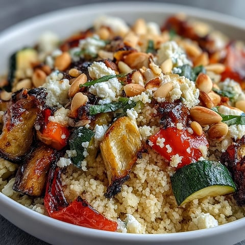 Golden roasted vegetables, fluffy couscous, and crumbled feta cheese make up this Mediterranean bake.