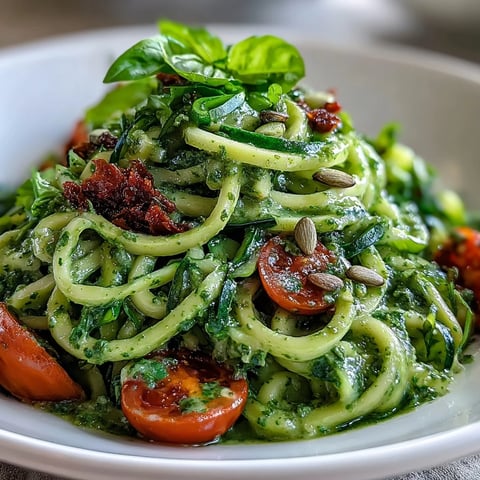 Creamy vegan pumpkin seed pesto drizzled over fresh zucchini noodles, garnished with cherry tomatoes and basil for a vibrant, healthy meal.