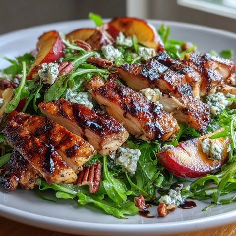 Grilled Chicken and Peach Arugula Salad with Balsamic Drizzle on a white plate, featuring juicy grilled chicken slices, caramelized peach wedges, fresh arugula, crumbled feta, red onion, and toasted pecans, drizzled with a tangy balsamic reduction.  