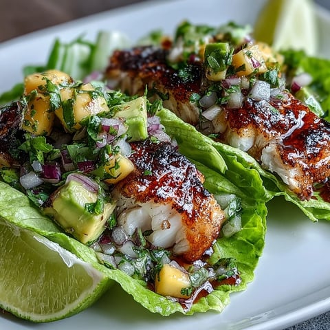 Fresh grilled fish tacos nestled in crisp lettuce shells and topped with a vibrant mango salsa — a healthy, gluten-free, and low-carb meal.